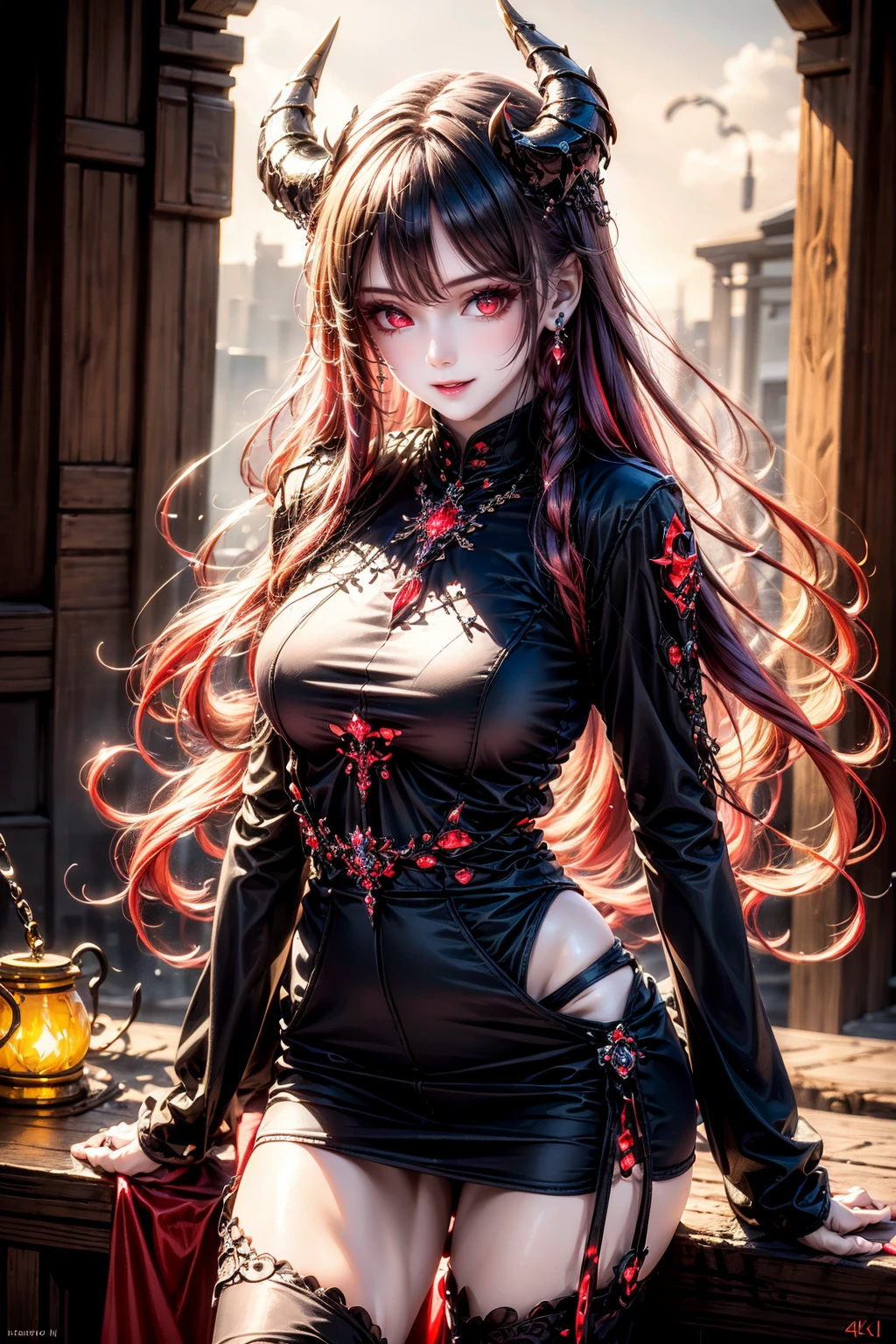 <lora:heihua006:0.8>,(face lighting:0.8),bright backlight,super high resolution,best quality,Photos,4k,(Realistic:1.2),heihua,1girl,very long hair,red eyes,smile,thigh,full_shot,front view,black clothes,devil horn,