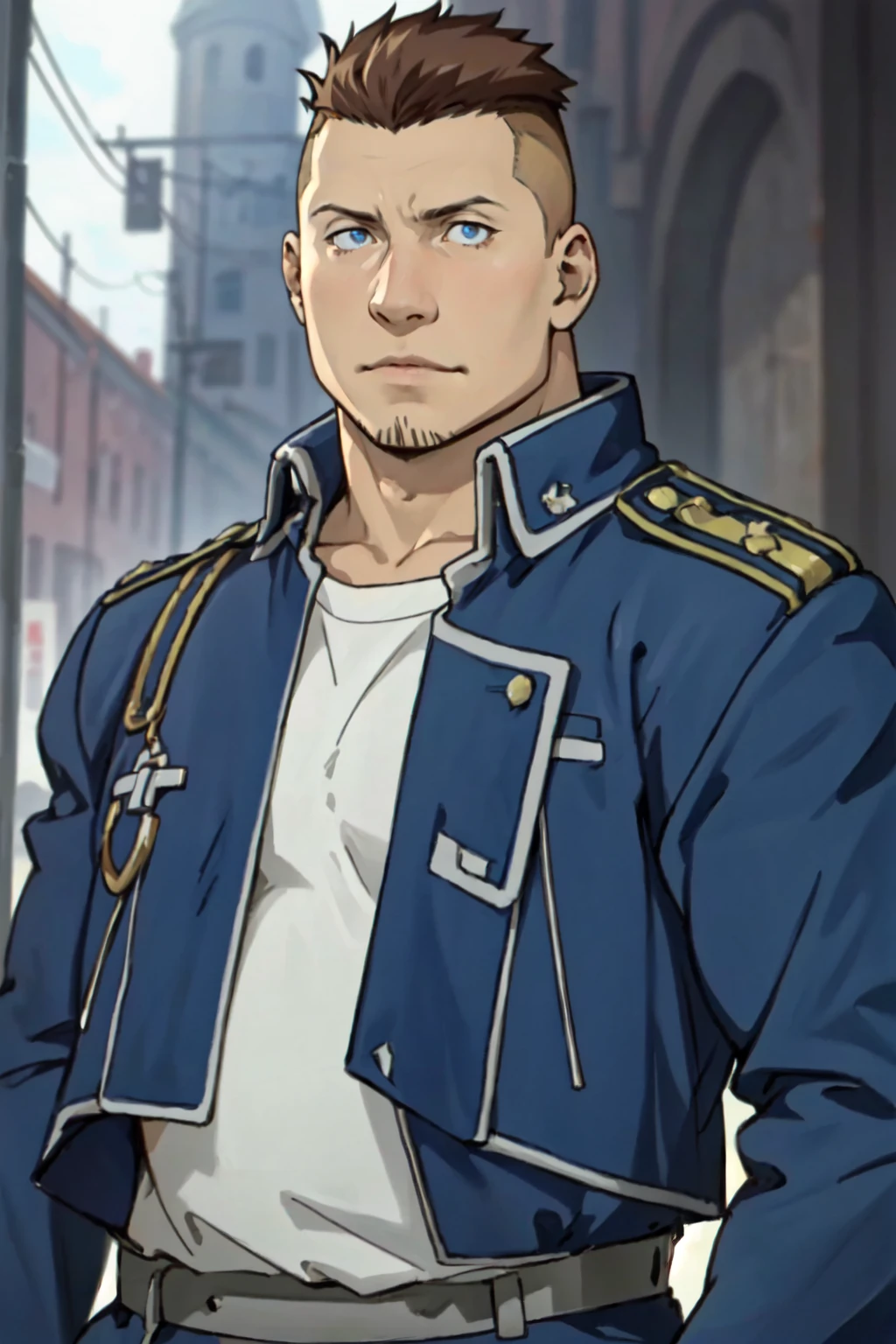 (1 image only),  solo male,  1boy,  Heymans Breda,  Fullmetal Alchemist,  anime,  2D,  blue eyes,  brown hair,  short hair,  high fade,  stubble,  handsome,  (chubby),  open (pure blue military uniform,  blue 
 coat),  confidence,  charming,  alluring,  upper body in frame,  perfect anatomy,  perfect proportions,  8k,  HQ,  (best quality:1.2,  hyperrealistic:1.2,  photorealistic:1.2,  masterpiece:1.3,  madly detailed photo:1.2),  (hyper-realistic lifelike texture:1.2,  realistic eyes:1.2),  high_resolution,  perfect eye pupil,  dutch angle, best quality,  (long sleeves),<lora:EMS-286469-EMS:0.600000>,<lora:EMS-19728-EMS:0.200000>