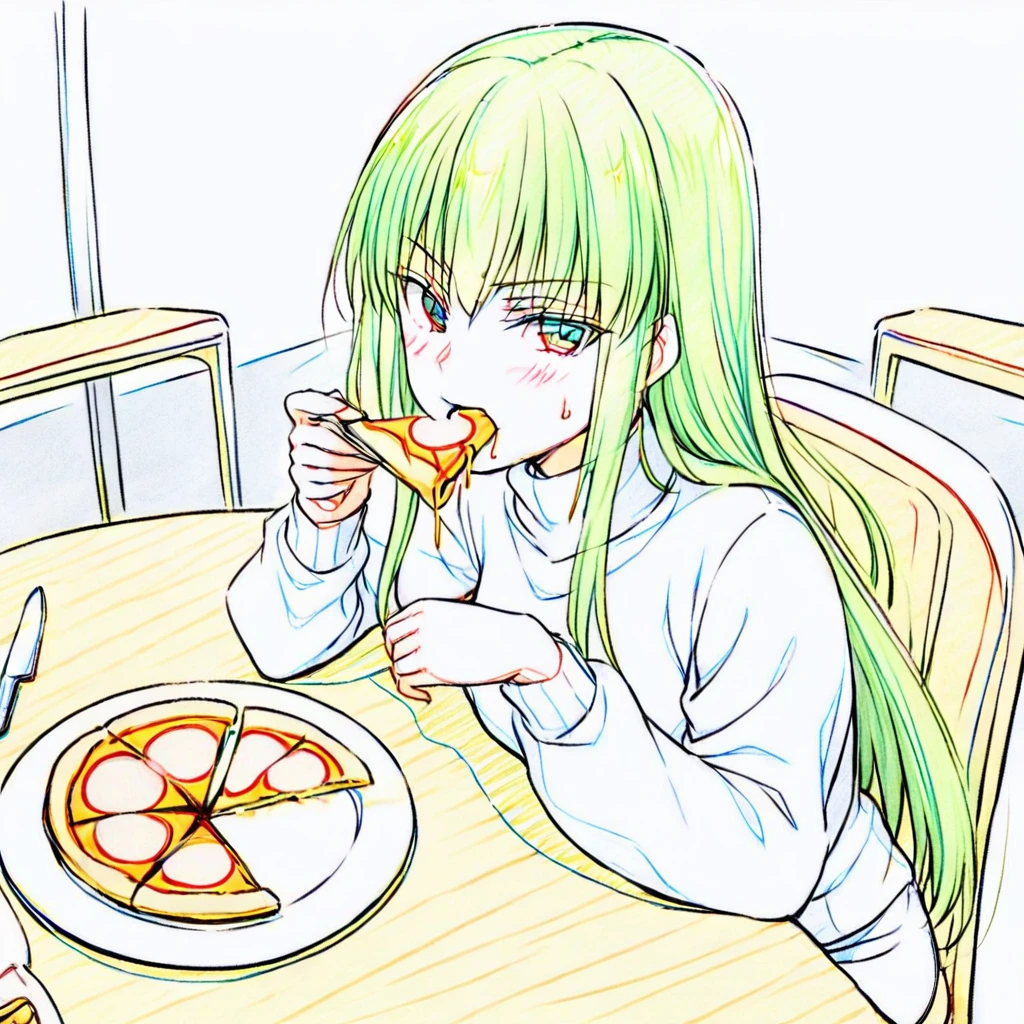 <lora:AnimeOriginalArtStyleColorTrace_SDXL-000200:1>color trace, white background, simple background,1girl, c.c., code geass, white shirt, long sleeves, turtleneck, sitting, looking at viewer, eating, pizza, plate, fork, knife, table, chair, table, restaurant, cinematic angle,, masterpiece,best quality,