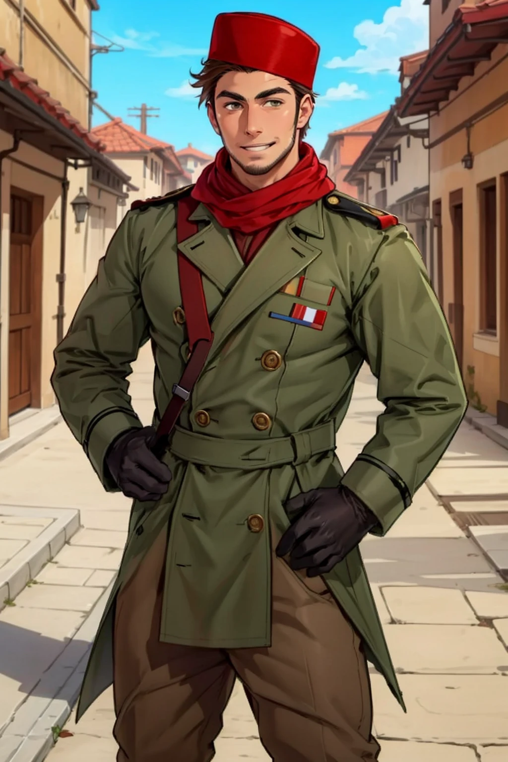 (1 image only),  (solo male),  1boy,  Sadik Adnan,  Turkey,  Hetalia: Axis Powers,  Turkish male,  olive-skinned,  facial hair,  chinstrap stubble,  sideburns,  (white eyemask:1.2),  brown hair,  short hair,  grin,  (tan scarf),  (red fez hat),  long green military trench coat,  brown pants,  knee-high boots,  black gloves,  handsome,  mature,  charming,  alluring,  upper body,  perfect anatomy,  perfect proportions,  8k,  HQ,  (best quality:1.2,  hyperrealistic:1.2,  photorealistic:1.2,  masterpiece:1.3,  madly detailed photo:1.2),  (hyper-realistic lifelike texture:1.2,  realistic eyes:1.2),  high_resolution,  perfect eye pupil,  (standing),  perfecteyes,  Hagia sophia loction,  Istanbul building,  better_hands,  perfecteyes,<lora:EMS-287390-EMS:0.600000>