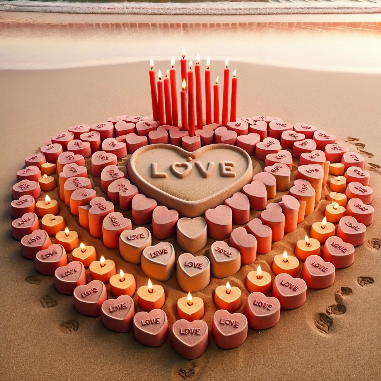 A serene beach at sunset, with a heart-shaped ais-heartz sand sculpture surrounded by candles in ais-heartz holders. <lora:Love_Hearts_SDXL:1>, 4k, uhd,masterpiece