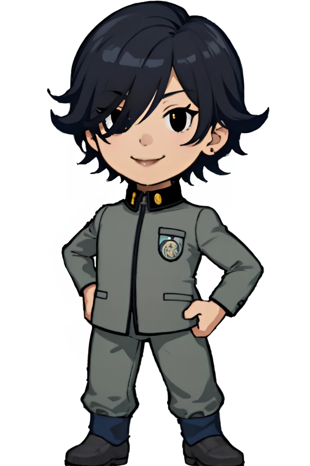 masterpiece, best quality, solo, 1boy, smile, looking at viewer, <lora:PM-TTYD-SpritesV2_Fp_1:0.7>, simple background, full body, chibi, black eyes, solid oval eyes, outline, standing, <lora:NaoyaV3:1>, Naoya, school uniform, grey pants, (hands on hips)