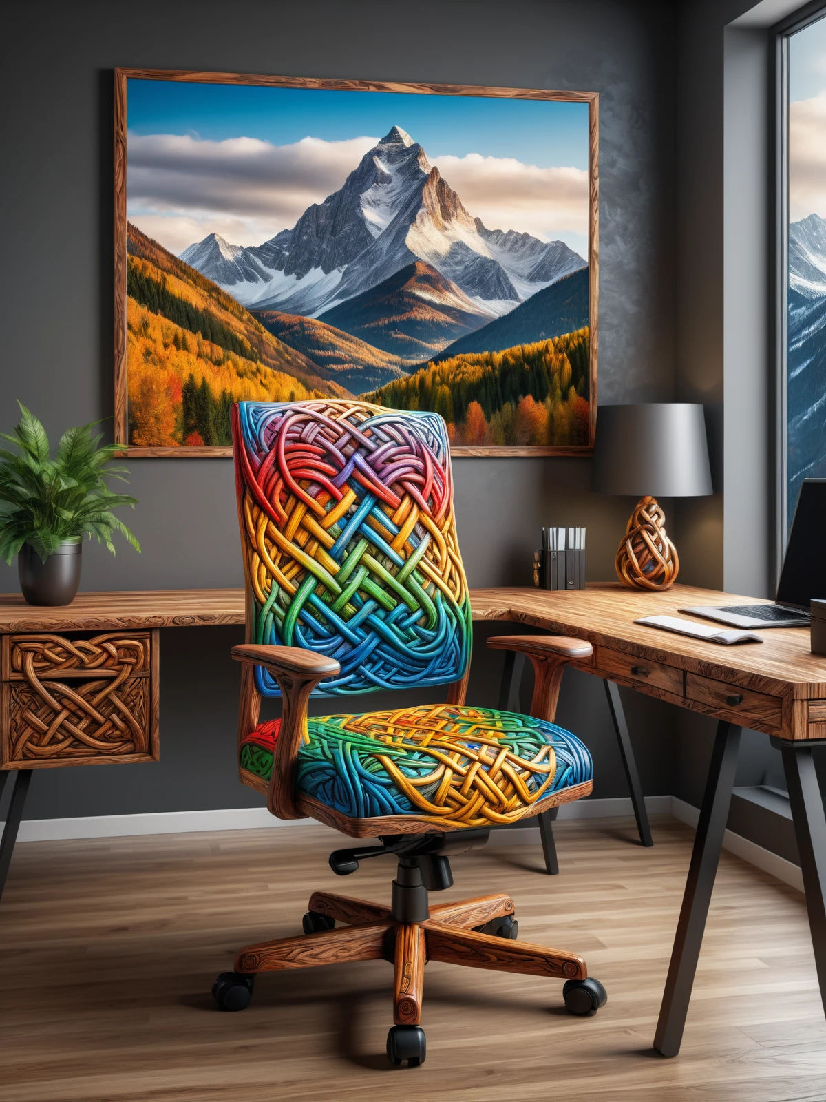 colorful mad-viking-knot office chair and wooden desk in an expensive office, photograph of a mountain on the wall <lora:Colorful_Viking_Knot_SDXL:0.5>, (masterpiece:1.2), best quality, (hyperdetailed, highest detailed:1.2), high resolution textures