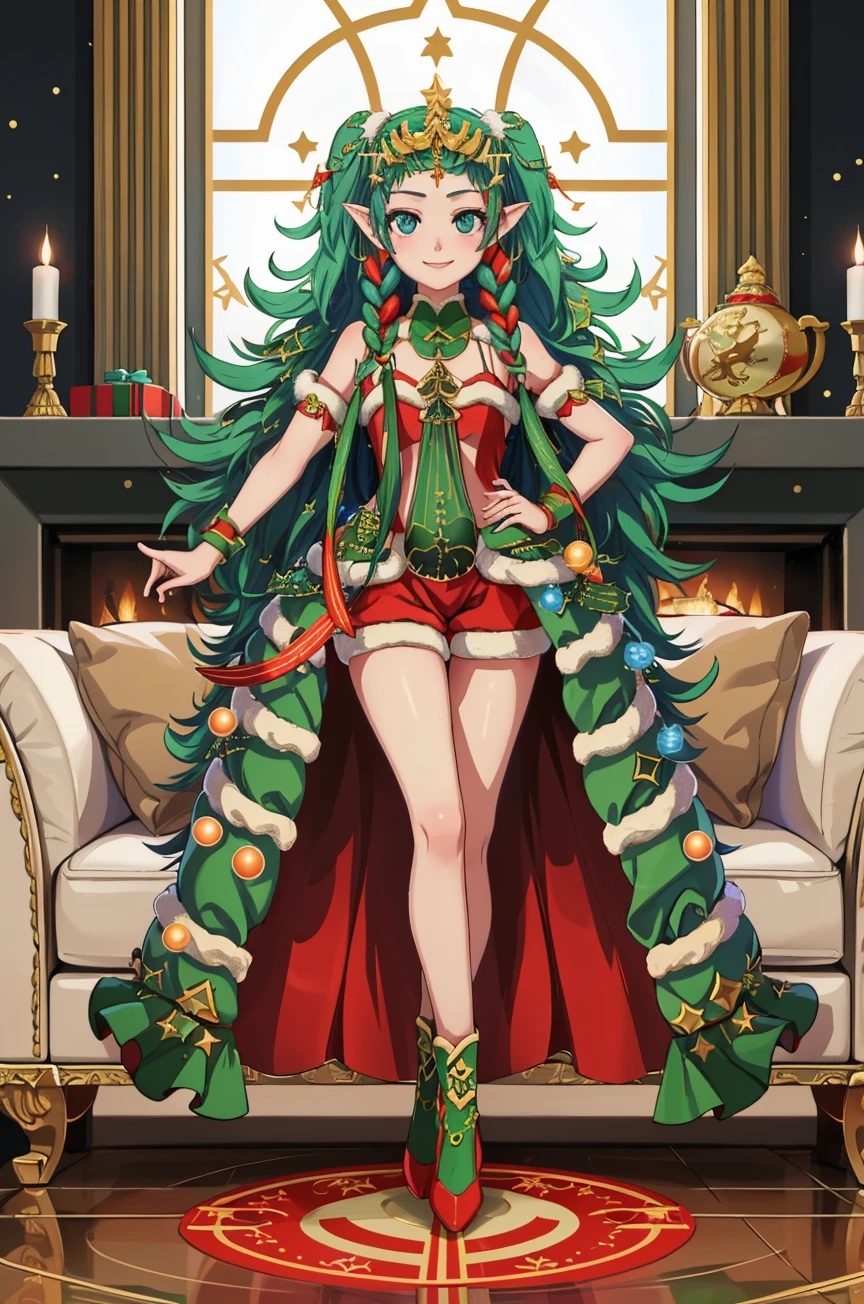 masterpiece, 1girl, full body, standing, looking at viewer, smile, <lora:SothisFE3H-FEH-bsinky-v1:0.85> xmasSothis, long hair, hair ornament, long dress, midriff, hair ribbon, pointy ears, twin braids, fur trim, tiara, shoes, red footwear, christmas ornaments, indoors, couch, fireplace