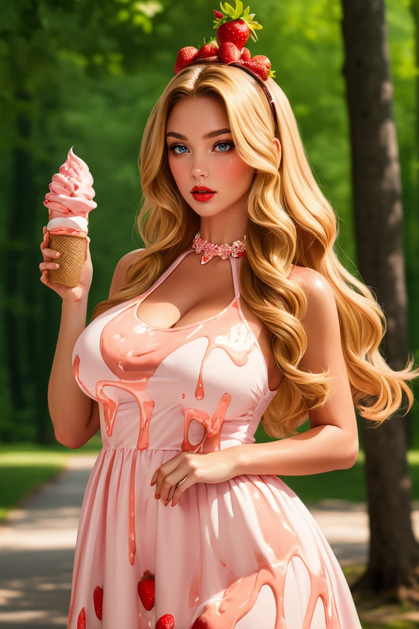 portrait, woman, large breasts, curvy hips, (long blonde hair:1.2), wearing <lora:cr34m_dr3ss-13:0.75> , cr34m_dr3ss, dress made of melting strawberry ice cream, headdress, dripping, dark eye makeup, pouty red lips, detailed skin texture, (blush:0.5), park on a hot summer day
