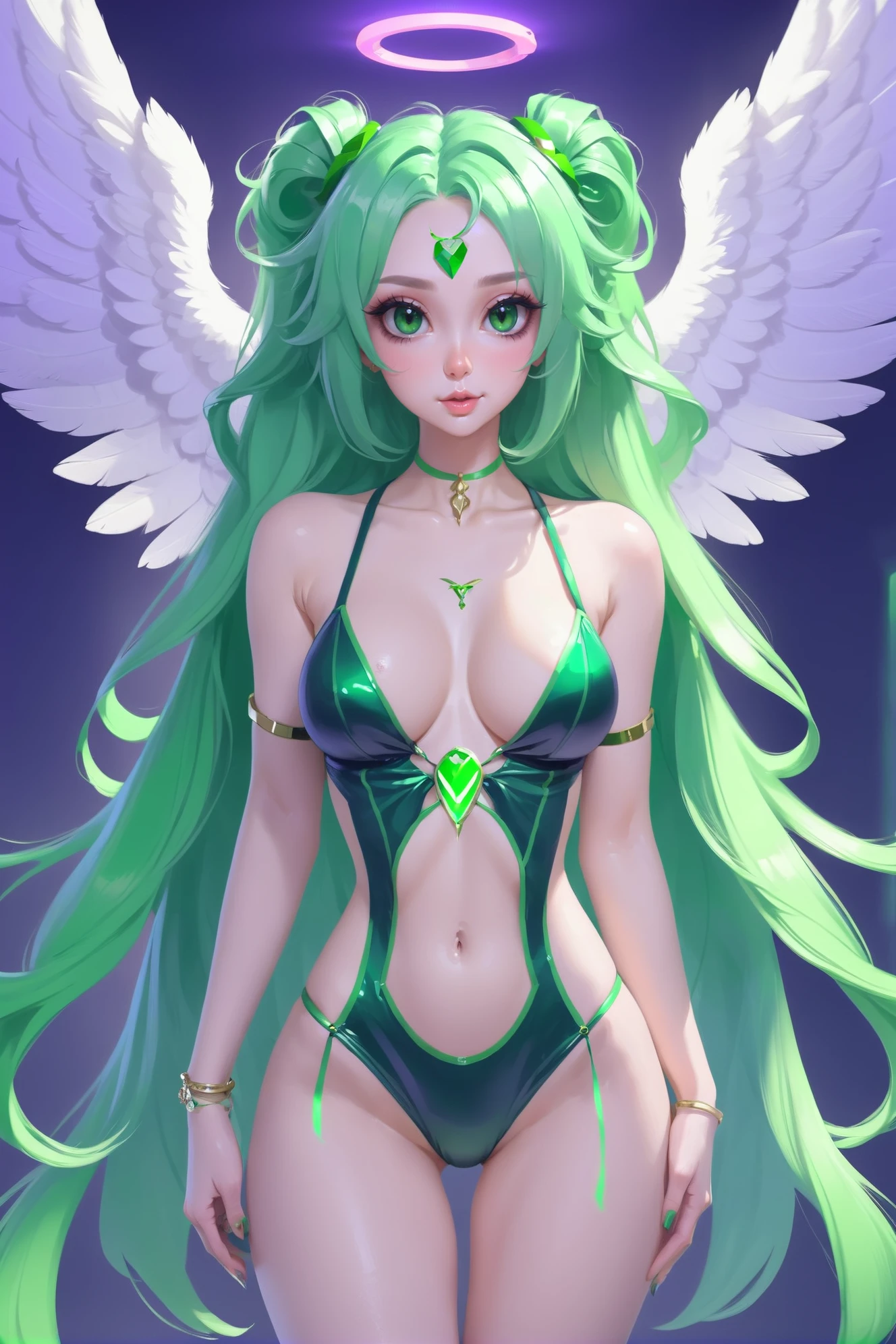 1girl, woman, (rich Chav:1.3) cute angel, cameltoe, [:casual, formal costume design,:0.2], bombshell hair, green and ultraviolet hair, low-tied long hair, hourglass figure, caucasian<lora:EnvyMysticNeonXL01:1>