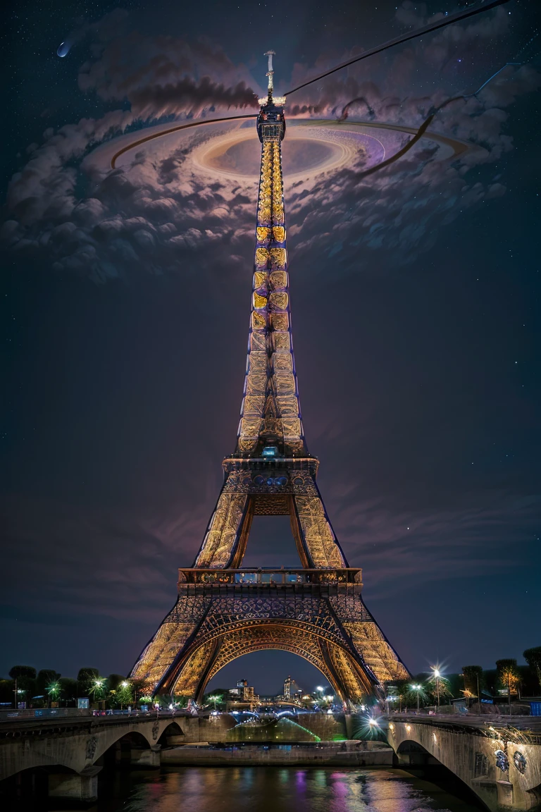 ((masterpiece,best quality)), <lora:Eiffel_Tower:0.8>, Eiffel_Tower, outdoors, sky, (saturn:1.1), no humans, starry sky, galaxy, science fiction, night sky, scenery, bridge, purple theme,