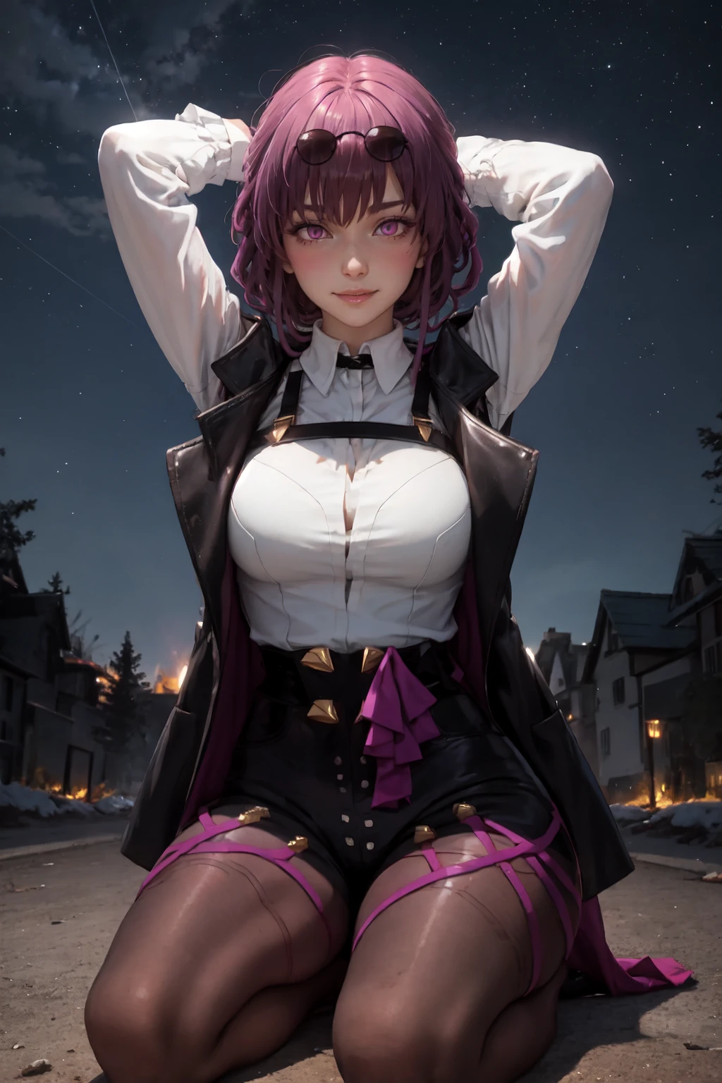 masterpiece, best quality, 1girl, solo, seiza, sitting, arms behind head, looking at viewer, glowing, glowing eyes, shiny, shiny skin, seductive smile, blush, outdoors, night, night sky, star \(sky\), sky, starry sky, pantyhose, black pantyhose, kafka, purple eyes, sunglasses on head, black jacket, collared shirt, black shorts, <lora:Char_novowels_Kafka:1>