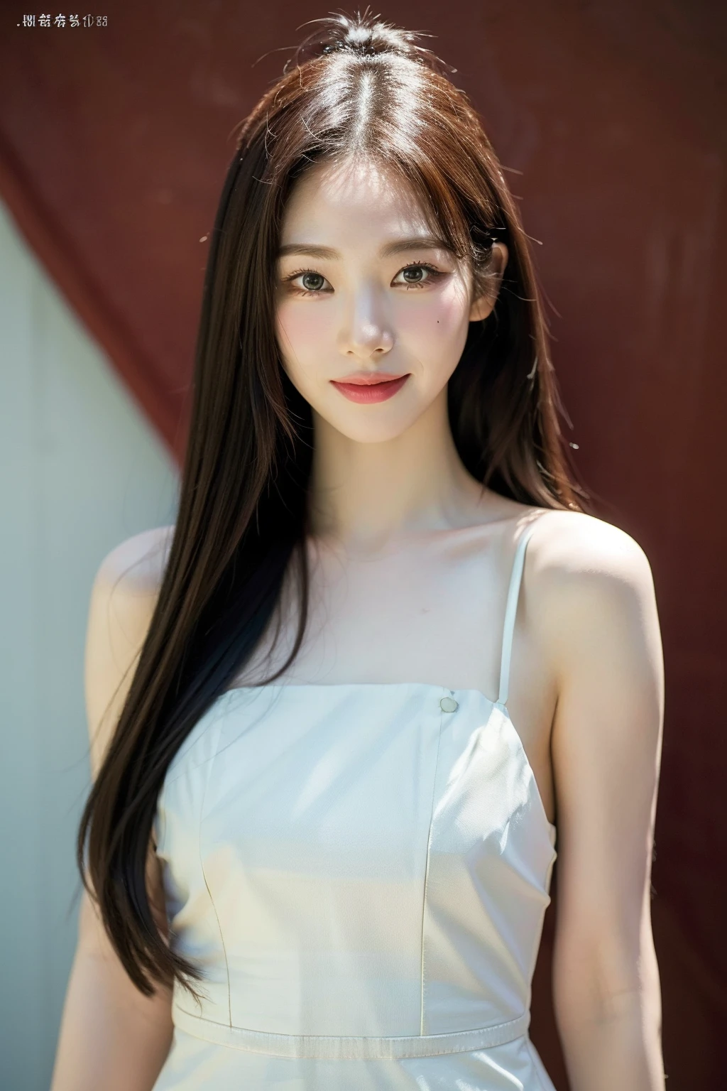 Best quality, masterpiece, ultra high res, (photorealistic:1.4), raw photo,1girl, solo, realistic, looking at viewer, simple background, upper body, white dress, <lora:makina69_karina_v3.0:1>, long hair, (smile:0.7)