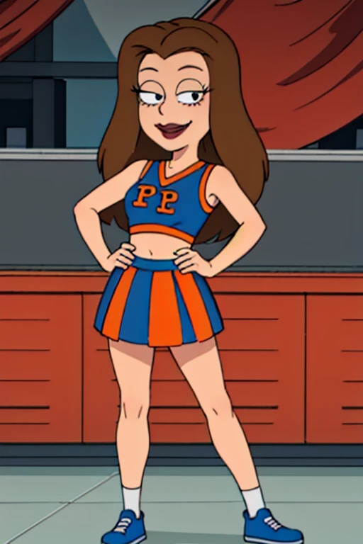 <lora:lisasilver:0.6> lisasilver, brown hair, 1girl, cheerleader, smile, skirt, shoes, lipstick,looking at viewer, smile, hand on hip,
