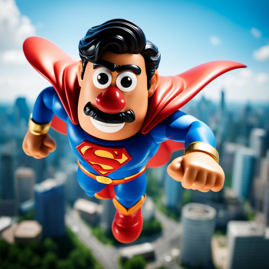 cinematic photo MrPotatoeHead1024 as superman flying over a city <lora:MrPotatoeHead1024-000150:0.8> . 35mm photograph, film, bokeh, professional, 4k, highly detailed