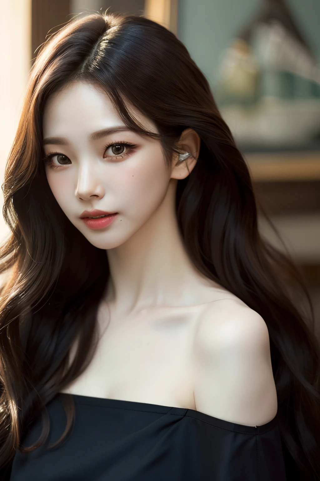 Best quality, masterpiece, ultra high res, (photorealistic:1.4), raw photo,1girl, solo, realistic, lips, looking at viewer, teeth, parted lips, nose, upper body, simple background, brown eyes, black dress, off shoulder, long wavy hair