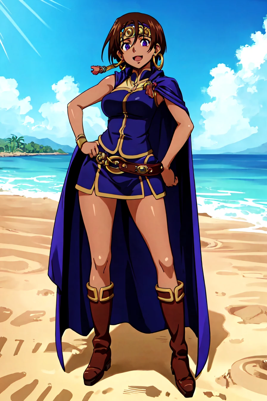 (best quality) , (highly detailed) ,masterpiece ,absurdres ,detailed face ,beautiful face ,(detailed eyes, deep eyes, anime eyes) ,1girl , solo, (full body:1.35), happy,
Posing as if holding a beach ball,
najaran_culdept, earrings, dark-skinned female, dark skin, purple eyes, brown hair, short hair, dress, headband, jewelry, belt, cape, hoop earrings, blue skirt, (brown half boots:1.2), <lora:Najaran_Culdept:0.85>