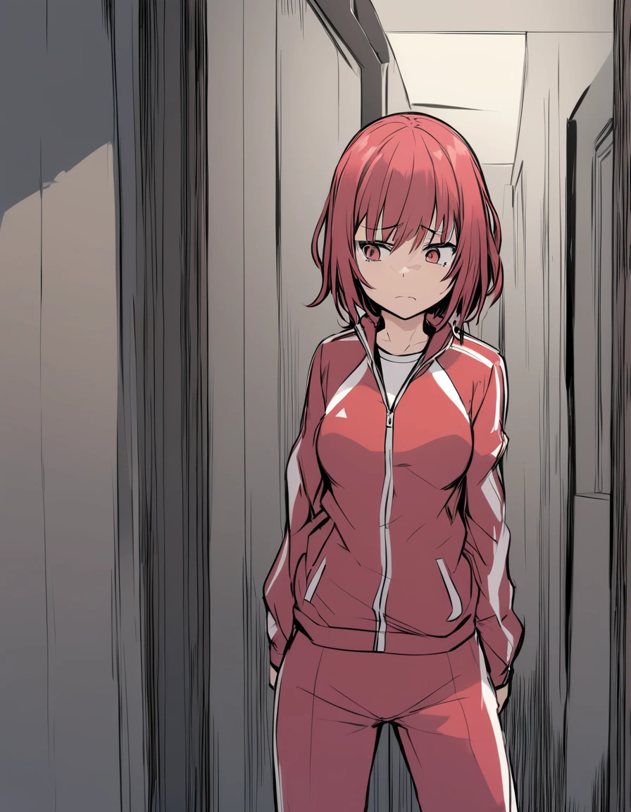 late,1girl,ugshiki,<lora:UGShikiXL:0.7>,standing,glum,arms at sides,sad,tracksuit,in apartment building