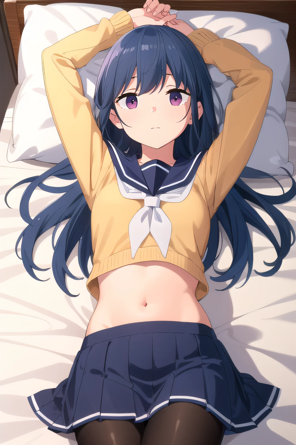 (masterpiece:1.2), best quality, high resolution, unity 8k wallpaper, (illustration), extremely detailed face, perfect lighting, extremely detailed CG, <lora:Shimarin:0.7>, shimarin, blue hair, looking at viewer, school uniform, long hair, hair down, yellow sweater:1.2, blue sailor collar, pleated skirt, black pantyhose, cowboy shot, closed mouth, lying on bed, bed sheet, tummy, navel, arms up, pillow, [perfect hands, detailed hands, perfect fingers, detailed fingers:1.2, five fingers:1.4], two hands