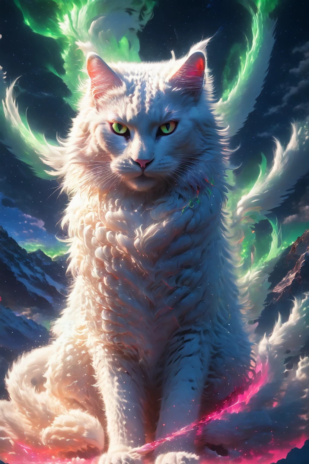 <lora:mythical beast:1> mythical beast, white cat, neon, colorful glow, bright and colorful, vibrant,