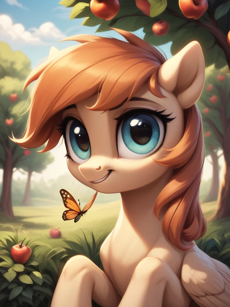 <lora:2.5DStylePonyDiffusionV6XL_V0.1:0.6>,score_9,score_8_up,score_7_up,score_6_up,score_5_up,score_4_up,source_pony,woman playing with a butterfly near a apple tree,feral,solo focus,rating_safe,