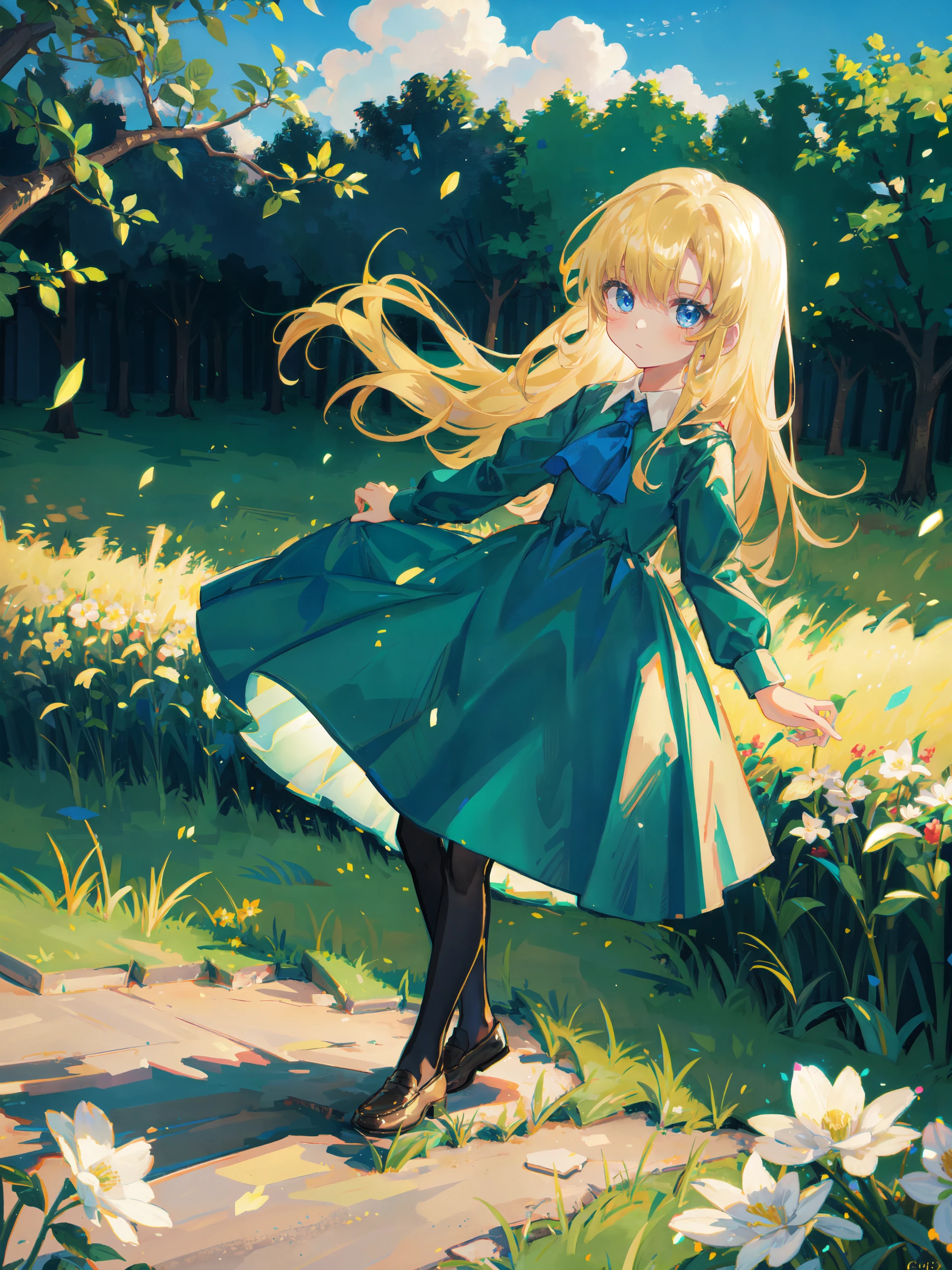 <lora:Mary2:0.8> MaryGuer, blue eyes, green dress, blonde hair, loafers, 1girl, full body, looking at viewer, parted bangs, black pantyhose, standing, flower field, outdoors, curtsey, best quality, high quality, highres