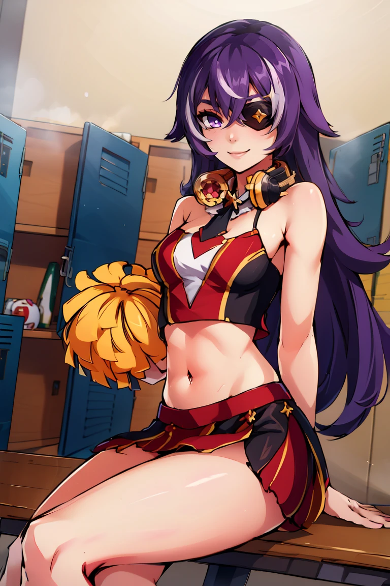 cheerleader, crop top, midriff, miniskirt, locker room, locker, indoors, bench, sitting, crossed legs ((masterpiece,best quality)), absurdres, <lora:Chevreuse_Genshin:0.8>, Chevreuse_Genshin, 1girl, solo, long hair, purple hair, purple eyes, eyepatch, multicolored hair, solo, smile, looking at viewer, cowboy shot,