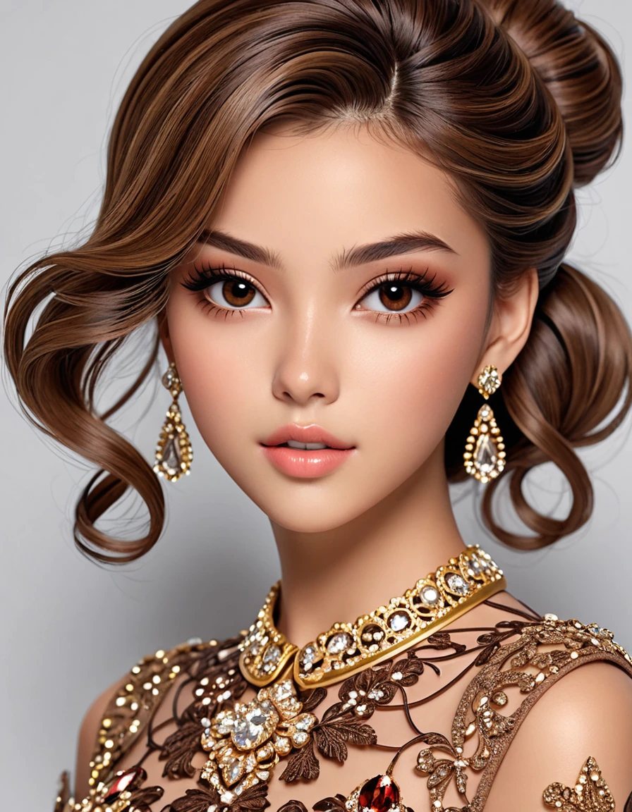 glamorous photo 3d anime style, young woman, 19 years old, latina, Medium height, averaging 5'5" (165.1 cm), moderately toned build, chestnut-brown eyes framed by thick lashes, and wavy, collarbone-length chestnut-brown hair usually worn loose or tied up in a messy bun, . high fashion, luxurious, extravagant, stylish, sensual, opulent, elegance, stunning beauty, professional, high contrast, detailed