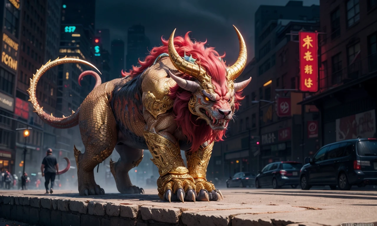 Nian2024, monster, new york, trending on arstation, 4 legs, horns, vibrant colors, ferocious, gold, armor, colorful, scales, tail, ornate