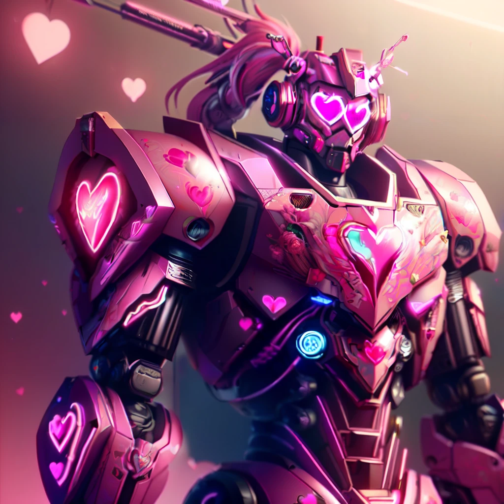 LunarValentineStyle, <lora:LunarValentineStyle:1>solo,1man,upper body,weapons,pink hair,flower,male focus,heart,pink neon glasses,armor,gun,glowing,helmet,robot,glowing eyes,science fiction,power armor,humanoid robot,valentine,epic glowing neon ligsht on the armor,epic armor hemlet with glowing neon heart on it