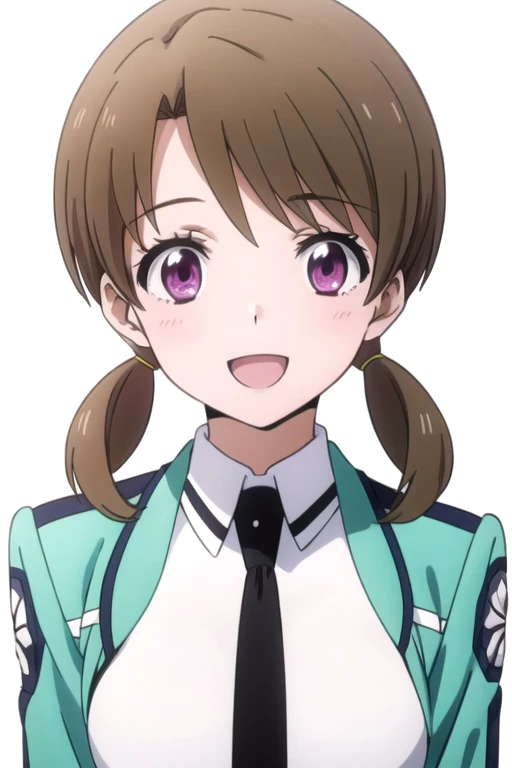 honoka, anime art style, 1girl, solo, looking_at_viewer, smile, brown_hair, twintails, purple_eyes, jacket, low_twintails, track_jacket, anime_coloring