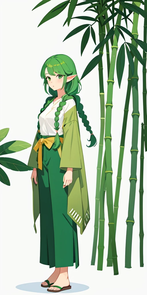 1girl,dryad,leaf,green hair,green clothing,standing,bamboo,long hair,braids,leaf,