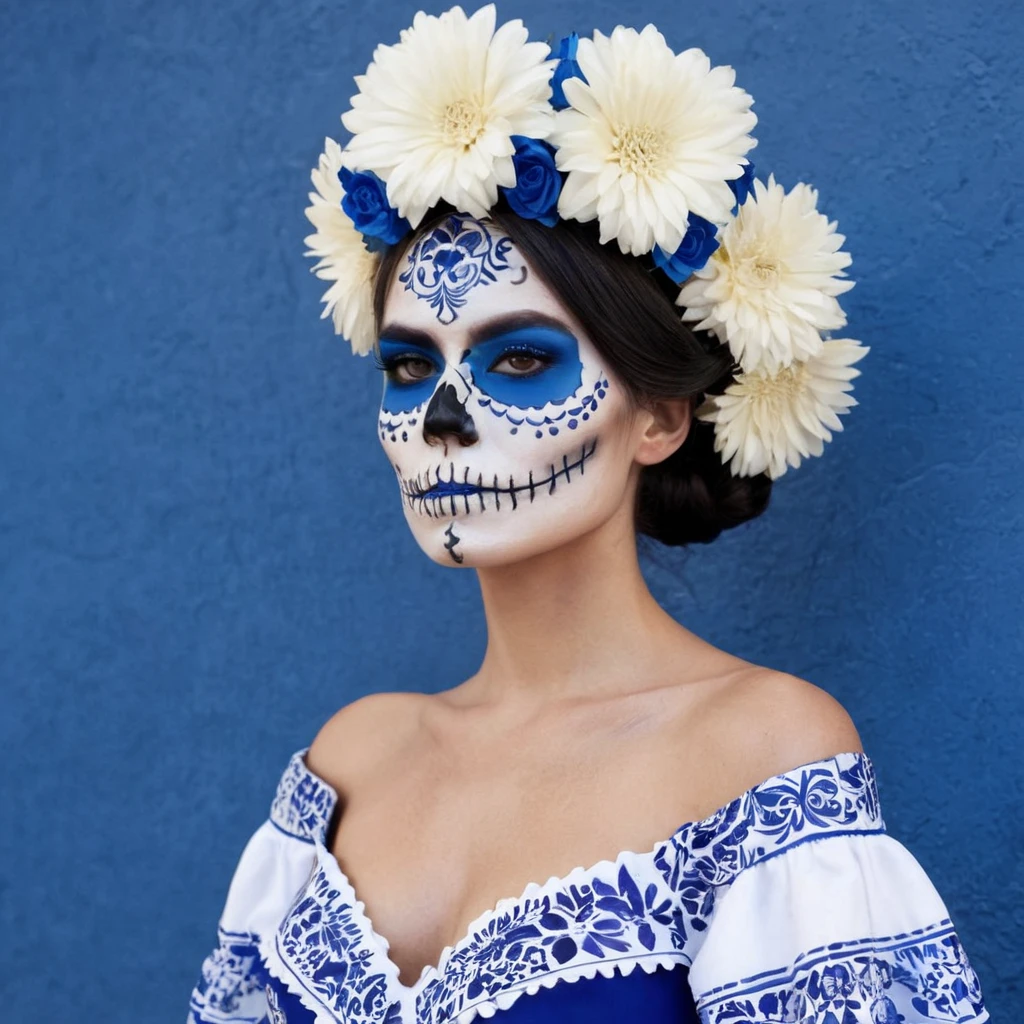  ((blue and white t1 skull makeup,mexican talavera dress)).flower crown:1,sexy