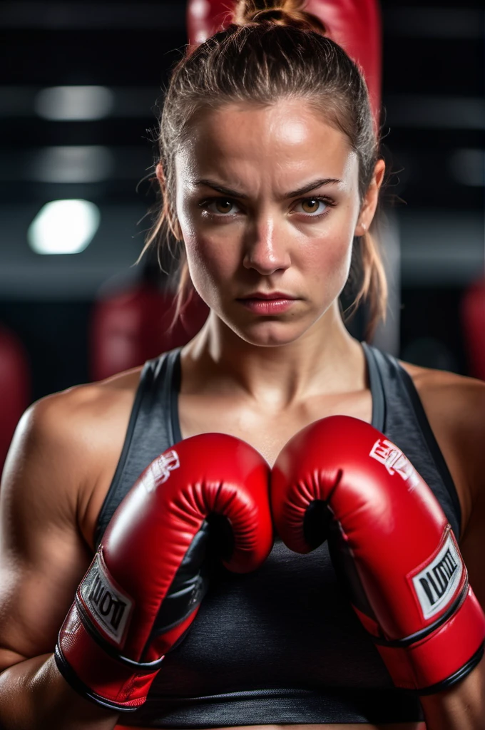 A photo of a (focused athlete:1.3), (intensity in her eyes:1.2), (red boxing gloves:1.1), determined expression, (sweat-glistened skin:1.1), dark gym backdrop, (raw determination:1.2), close-up, ambient gym lighting, shallow depth of field, Nikon D850, 1/160s, f/2.8, ISO 640, capturing emotion, athletic form, high-resolution, dramatic atmosphere.