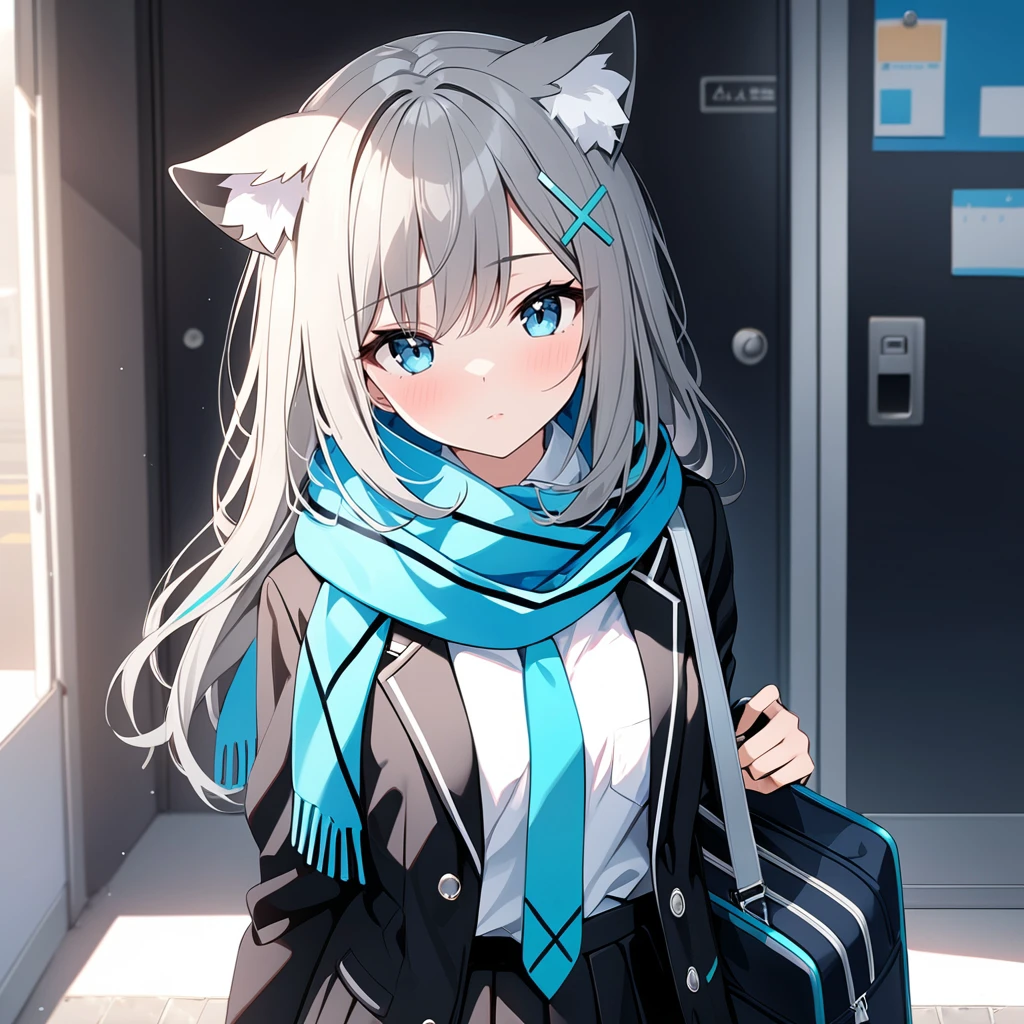 shiroko (blue archive), 1girl, cute, erotic, animal ears, bag, black jacket, black skirt, blue eyes, blue scarf, checkered, closed mouth, grey hair, hair ornament, hairclip, jacket, long hair, looking at viewer, blue necktie, open clothes, open jacket, pleated skirt, scarf, school bag, skirt, solo, teen, ((best_quality)), ((masterpiece)), (highly_detailed), perfect_details, ultra_high_res, 4k, 8K, insanely, absurd_res, <lora:detail_slider_v4:1>, <lora:more_details:1>