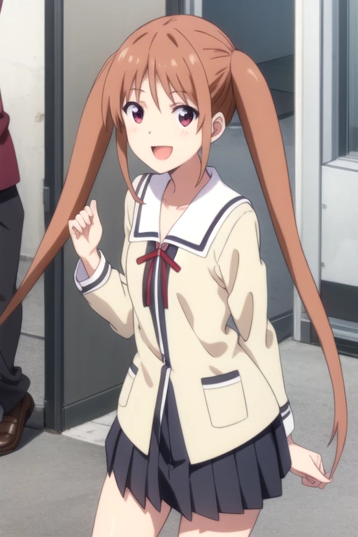 ((masterpiece)),(best quality),official art,extremely detailed CG,unity 8k wallpaper,ultra detailed,beautiful detailed eyes,extremely detailed face,1girl,solo,cowboy shot,looking at viewer,facing viewer,smile,:d,very_long_hair,twintails,brown_hair,sidelocks,bangs,red_eyes,open_mouth,collarbone,school_uniform,red_ribbon,small_breasts,black_skirt,pleated_skirt,black_socks,loafers,<lora:Hanabatake Yoshiko(ag)>,