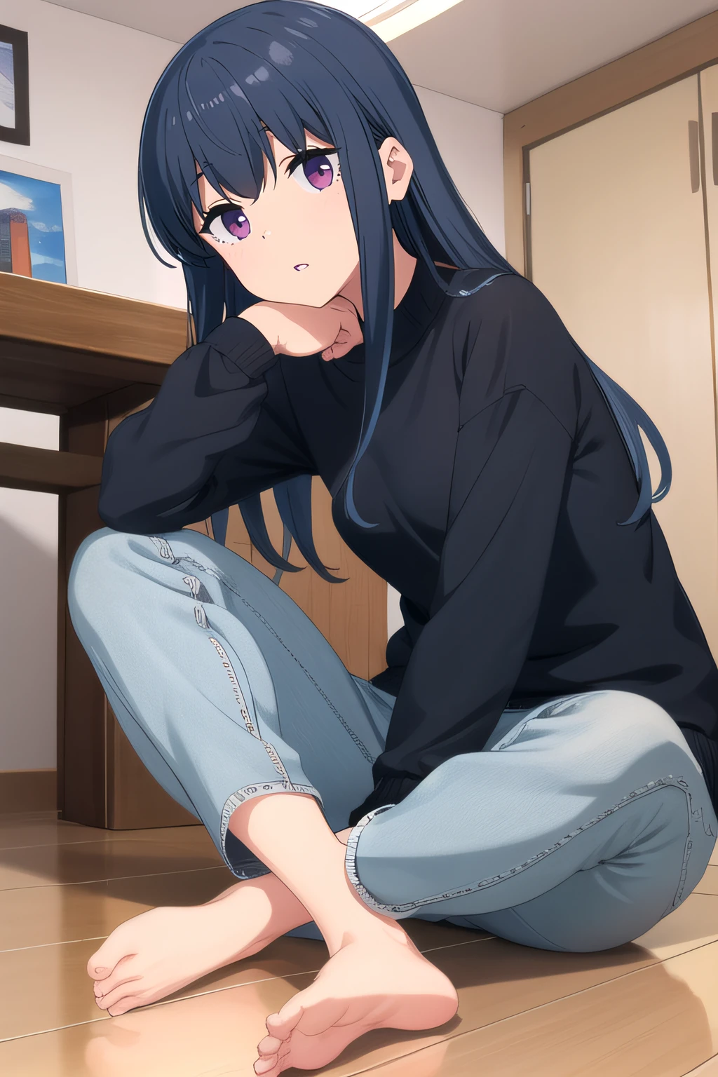 (masterpiece:1.2), best quality, high resolution, unity 8k wallpaper, (illustration), extremely detailed face, perfect lighting, extremely detailed CG, <lora:Shimarin:0.7>, shimarin, blue hair, looking at viewer, long sleeves, (black sweater, grey pants:1.2), sidelocks:1.3, indoor, (frontal view), long hair, hair down, full body, sitting on floor, barefeet, [detailed feet:1.5, toes, detailed toes:1.5, five toes:1.7, detailed hand, five fingers:1.3, five toes:1.2], indian style:1.2, parted lips