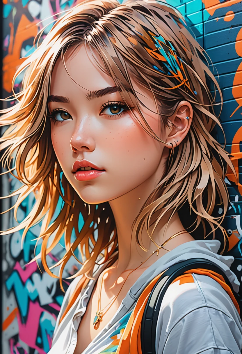 anime artwork portrait of a unique breathtaking and beautiful woman face close-up, stunning detail, hyper detailed eyes, detailed skin with a flawless texture delicate and refined, smooth hair elegantly draped around her neck, fullness of her lips, graphic t-shirt, dynamic pose against a graffiti wall, captured in masterful composition, lighting accentuate her natural beauty, gentle shadows and highlights, incredible skill and attention to detail, nuance and detail, supersharp focus, Carne Griffiths, Conrad Roset, annie leibovitz, hyperdetailed, soft light, sharp, Hasselblad masterclass, . anime style, key visual, vibrant, studio anime, highly detailed