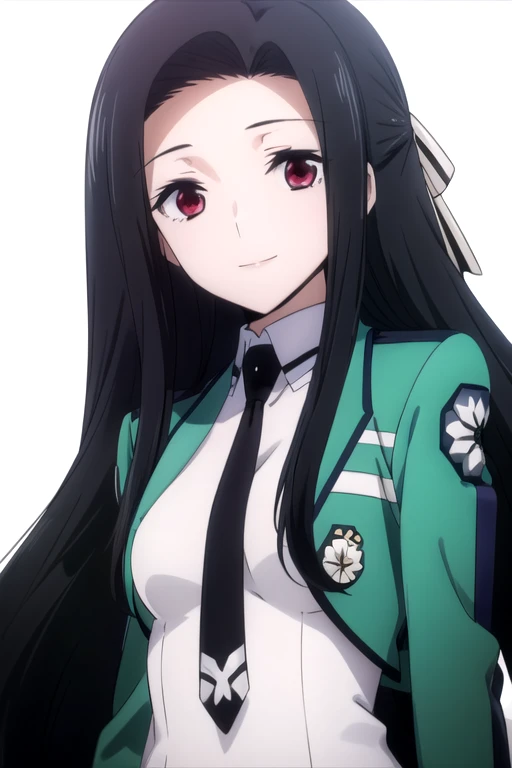 solo, 1girl, looking at viewer, 2D, anime, anime coloring, upper body, (solid white background:1.3), <lora:mayumi-mahouka:0.8>, mayumi saegusa, school uniform, jacket, necktie, looking at viewer, smile