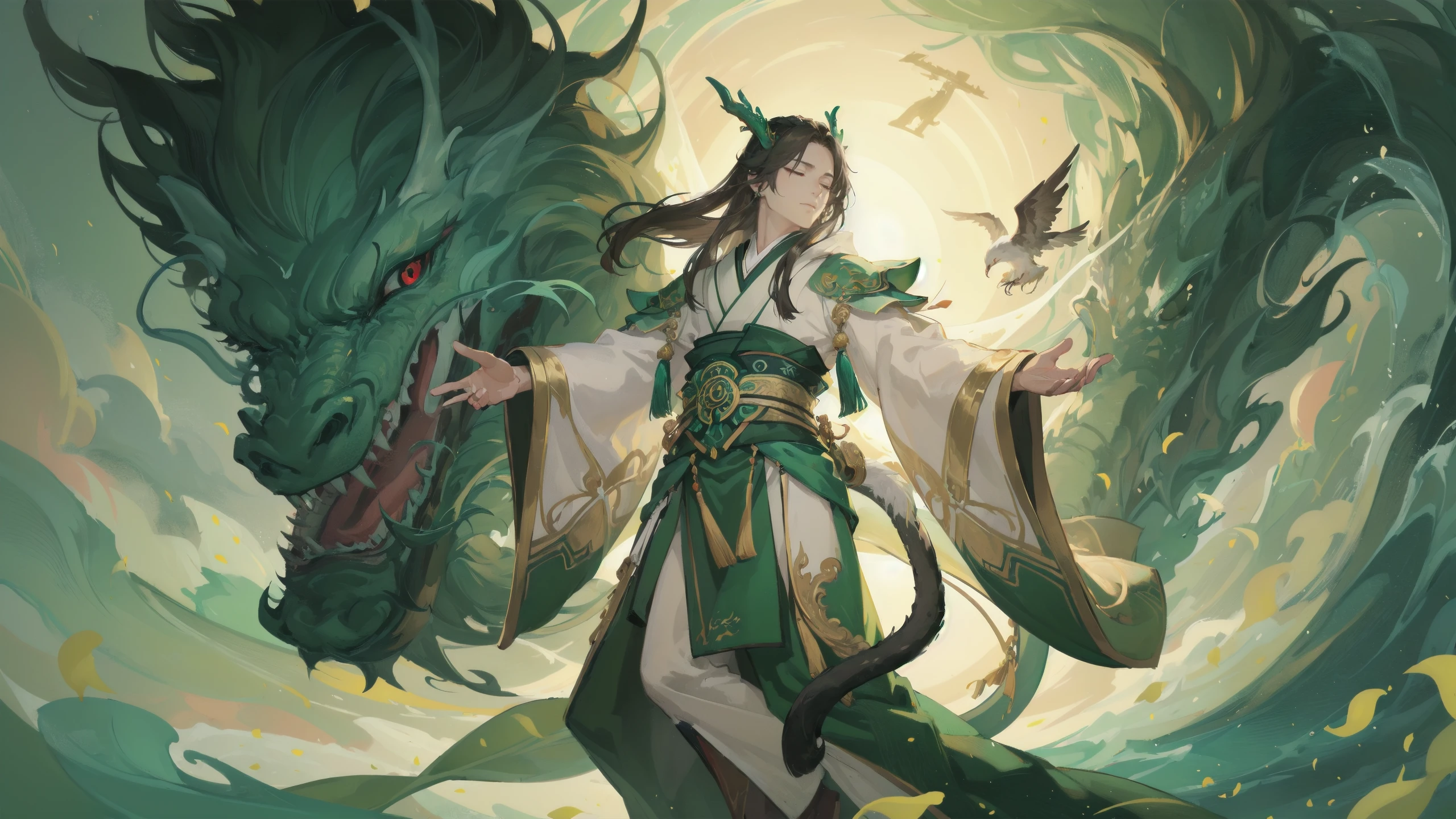masterpiece,top quality,best quality,rich details,solo,bird,chinese clothes,dragon,eastern dragon,male focus,hanfu,1boy,solo,long sleeves,scroll,black hair,long hair,hair ornament,flying,sash,hair bun,tassel,wide sleeves,dress,green dress,jewelry,brown hair,from below,single hair bun,scales,outstretched arms,green theme,from side,robe,animal,1girl,looking down,crane \(animal\),sun,red eyes,full body,closed mouth,earrings,facial mark,floating,leaf,branch,tail,white robe,profile,upper body,mountain,glowing,white dress,backlighting,shawl,outstretched arm,short hair,flower,horns,sky,forehead mark,feathers,floating hair,orb,ribbon,bangs,closed eyes,weapon,expressionless,white bird,<lora:loong king010_1.0:0.7>,