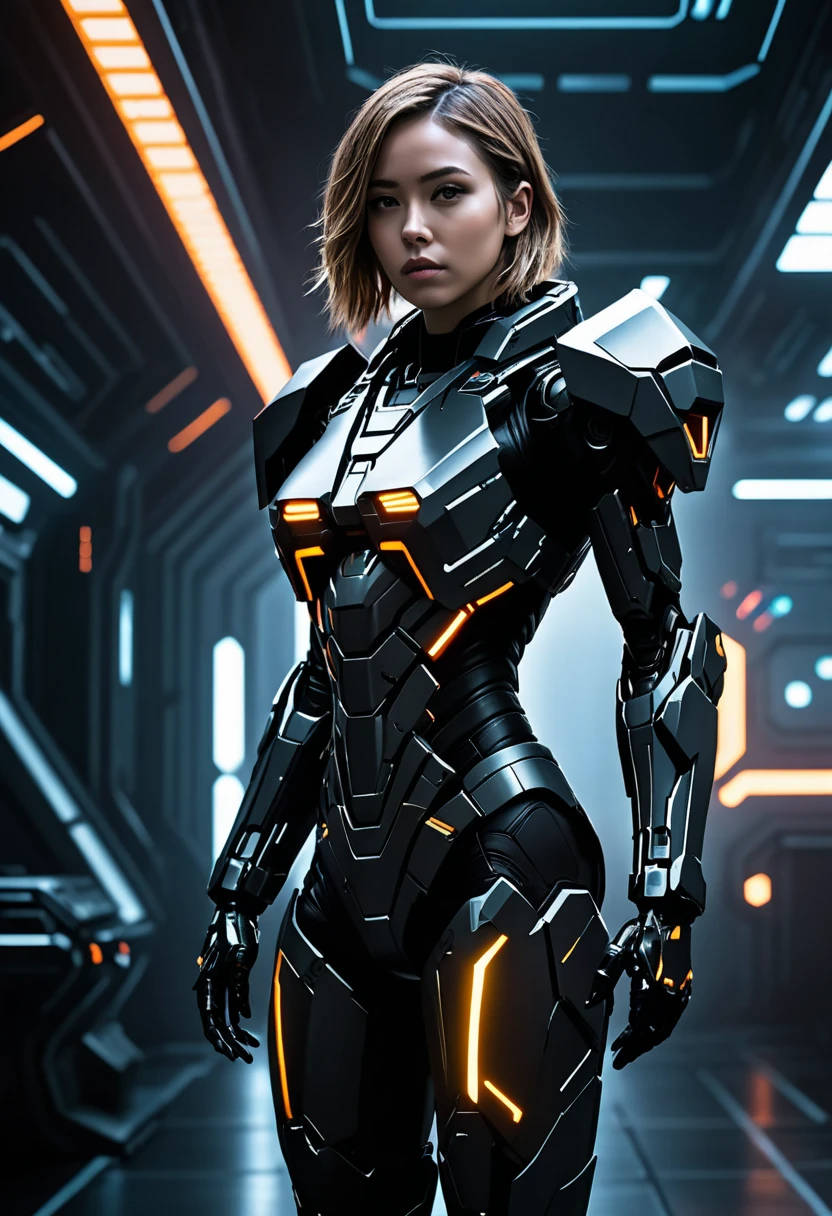 sci-fi style a girl in the dark, mecha, sci-fi armor, black matte angular armor, Bladerunner 2049, against a dark scifi background, rim lighting, . futuristic, technological, alien worlds, space themes, advanced civilizations