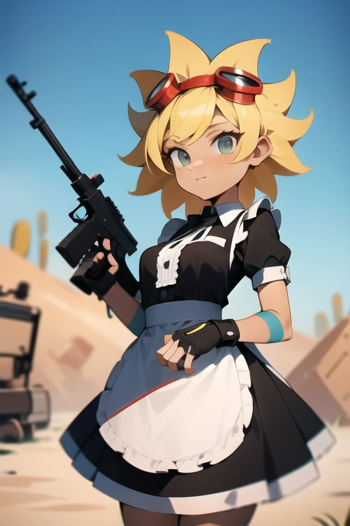 <lora:solarflare-06:1> solarflare, holding gun, maid outfit, wearing maid outfit, holding ak-47 gun, desert background, masterpiece, best quality