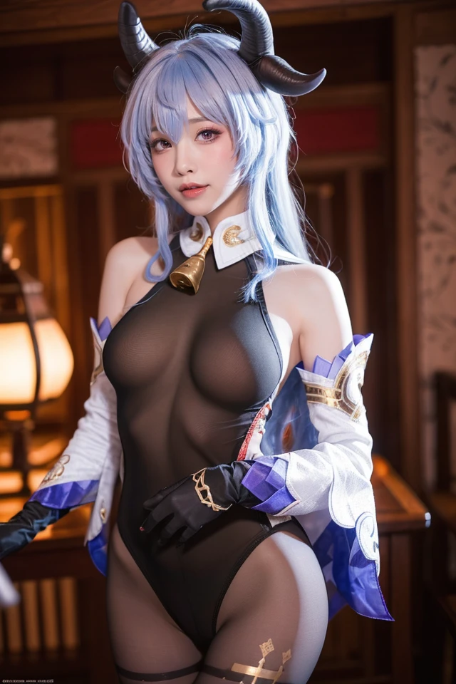 Ganyu,1girl,ganyu \(genshin impact\),solo,horns,blue hair,gloves,detached sleeves,breasts,bell,bare shoulders,black gloves,looking at viewer,cosplay,bangs,standing,long hair,purple eyes,pantyhose,hair between eyes,bodystocking,neck bell,cowbell,tassel,goat horns,medium breasts,black pantyhose,lips,bodysuit,white sleeves,black bodysuit,ahoge,indoors,cowboy shot,blurry,blurry background,closed mouth,gold trim,thighlet,smile,looking to the side,chinese knot,realistic,sidelocks,long sleeves,thighs,photo background,
best quality,masterpiece,illustration,an extremely delicate and beautiful,CG,unity,8k wallpaper,Amazing,finely detail,masterpiece,official art,extremely detailed CG unity 8k wallpaper,incredibly absurdres,huge filesize,ultra-detailed,highres,extremely detailed,beautiful detailed girl,realistic,<lora:Ganyu:0.8>,