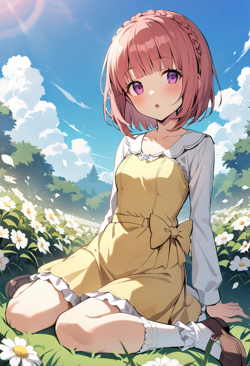 1girl, aikawa aika, purerill, solo, dress, braid, short hair, looking at viewer, purple eyes, sitting, flower, yellow dress, grass, long sleeves, crown braid, arm support, parted lips, pink hair, yokozuwari, white flower, shirt, white shirt, red hair, blunt bangs, bow, :o, pink eyes, collarbone, small breasts, bush, brown hair, outdoors, on ground, eyebrows visible through hair, on grass, full body, frills, jewelry, open mouth, yellow bow, bob cut, frilled dress, outdoors, flower field, blue sky, bobby socks, white legwear, mary janes, brown footwear, cloud, masterpiece, best quality <lora:aikawa_aika_sdxl_locon_v1:0.7>