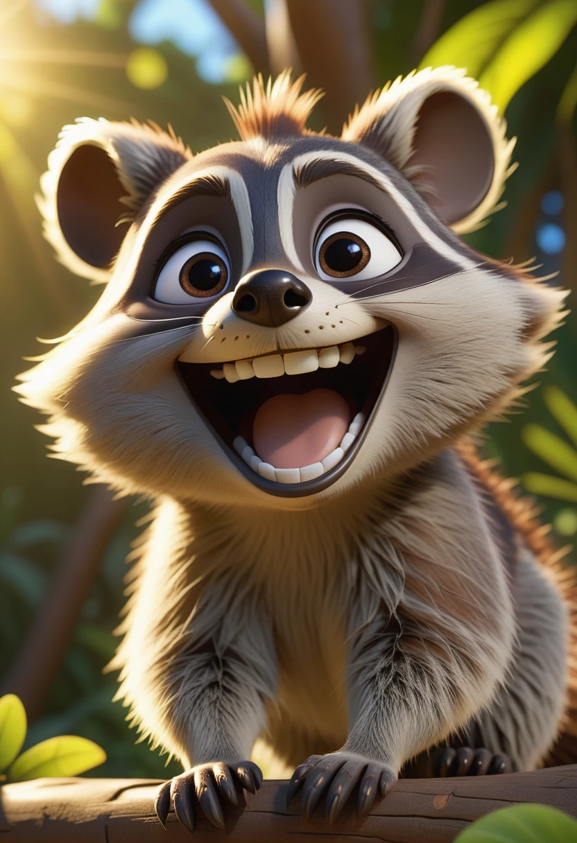 pixar character ,pixar style,a raccon ,happy ,cute smile, sunshine, in paradise, very detailed face(best quality), (masterpiece), (best lighting), (high detailed skin:1.0),( detailed eyes), 8k uhd, dslr, soft lighting, best quality, film grain, Fujifilm XT3,