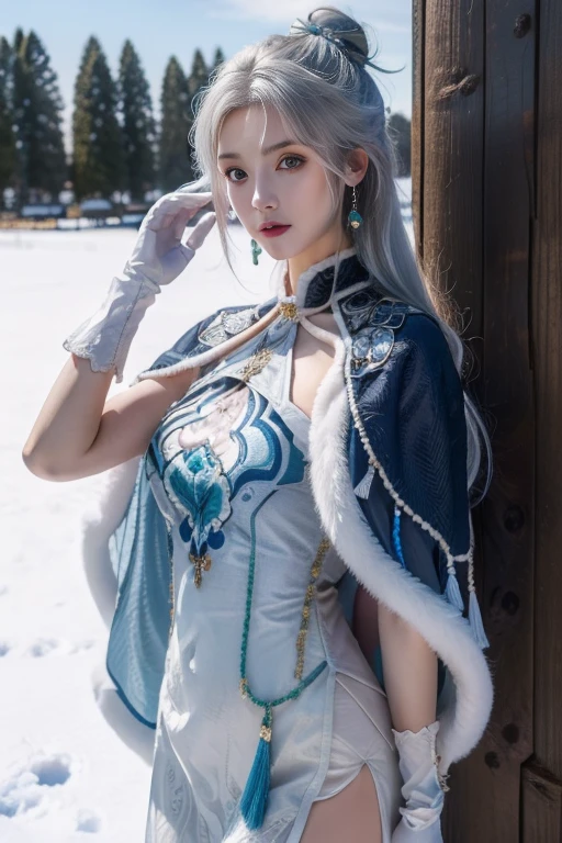 ltra-detailed,highly detailed,best quality,masterpiece,illustration,realistic,photorealistic,
guqinghan,cangyugezhu, 1girl, solo, 
chinese clothes, china dress, blue dress, gloves, fur trim, side slit, cape, shawl,
jewelry, earrings, tassel, 
grey hair, long hair, hair bun, hair ornament, hair flower, 
looking at viewer, cowboy shot, adjusting hair, 
outdoors, winter, snow, flower, 
<lora:guqinghan cangyugezhu_v1_04:0.6>