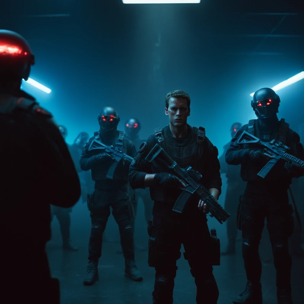 cinematic film still of <lora:Cyberpunk Style:1>
a group of people standing in a dark room,bionic,transhuman,Dystopia,Dystopian,kakotopia,Science fiction,high tech,low life,societal collapse,Artificial,Posthuman,future,futuristic,Artificial intelligence,Cyborg,genetically-enhanced humans,sci-fi,Cyberpunk Style,holding,standing,weapon,multiple boys,holding weapon,blurry,gun,blood,glowing,helmet,holding gun,glowing eyes,rifle,assault rifle,dark,multiple others,flashlight , Cyberpunk Style, shallow depth of field, vignette, highly detailed, high budget, bokeh, cinemascope, moody, epic, gorgeous, film grain, grainy