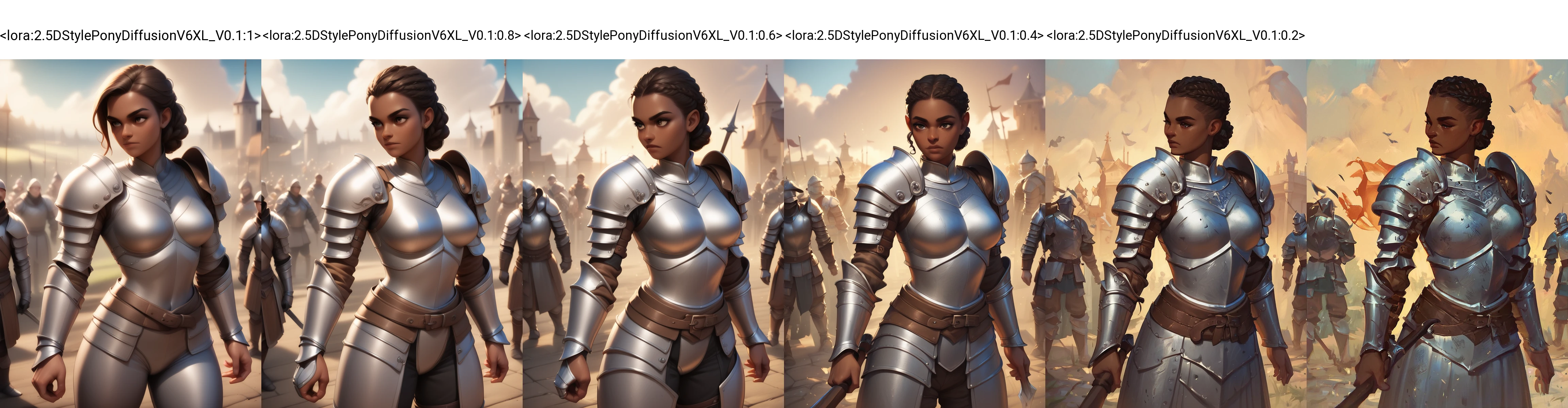 <lora:2.5DStylePonyDiffusionV6XL_V0.1:1>,score_9,score_8_up,score_7_up,score_6_up,score_5_up,score_4_up,woman in armor standing in a battlefield,armor,dark skin,medieval,fantasy,solo focus,epic,