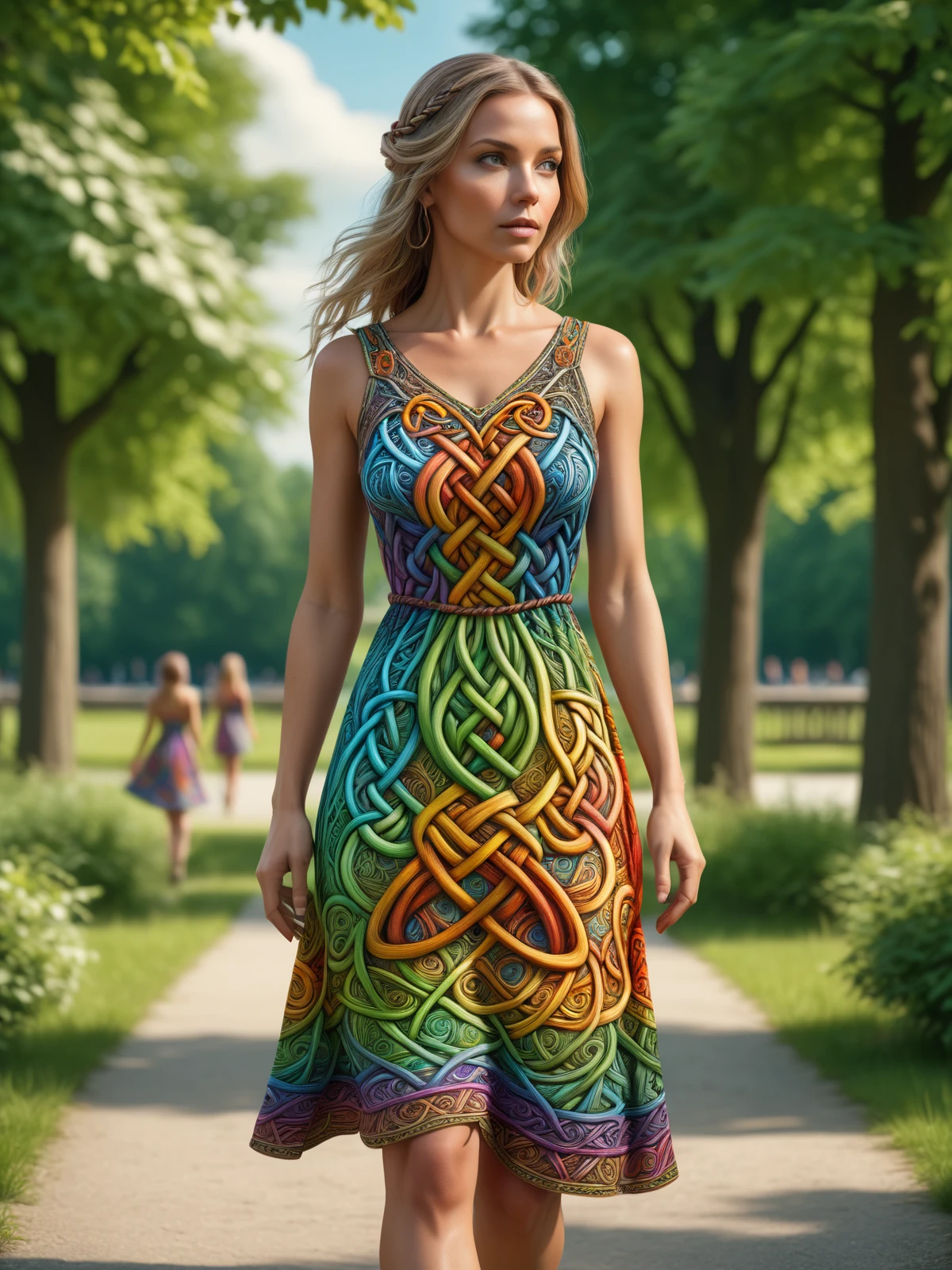 woman wearing a colorful mad-viking-knot summer dress walking through park, dynamic pose<lora:Colorful_Viking_Knot_SDXL:0.5>, (masterpiece:1.2), best quality, (hyperdetailed, highest detailed:1.2), high resolution textures