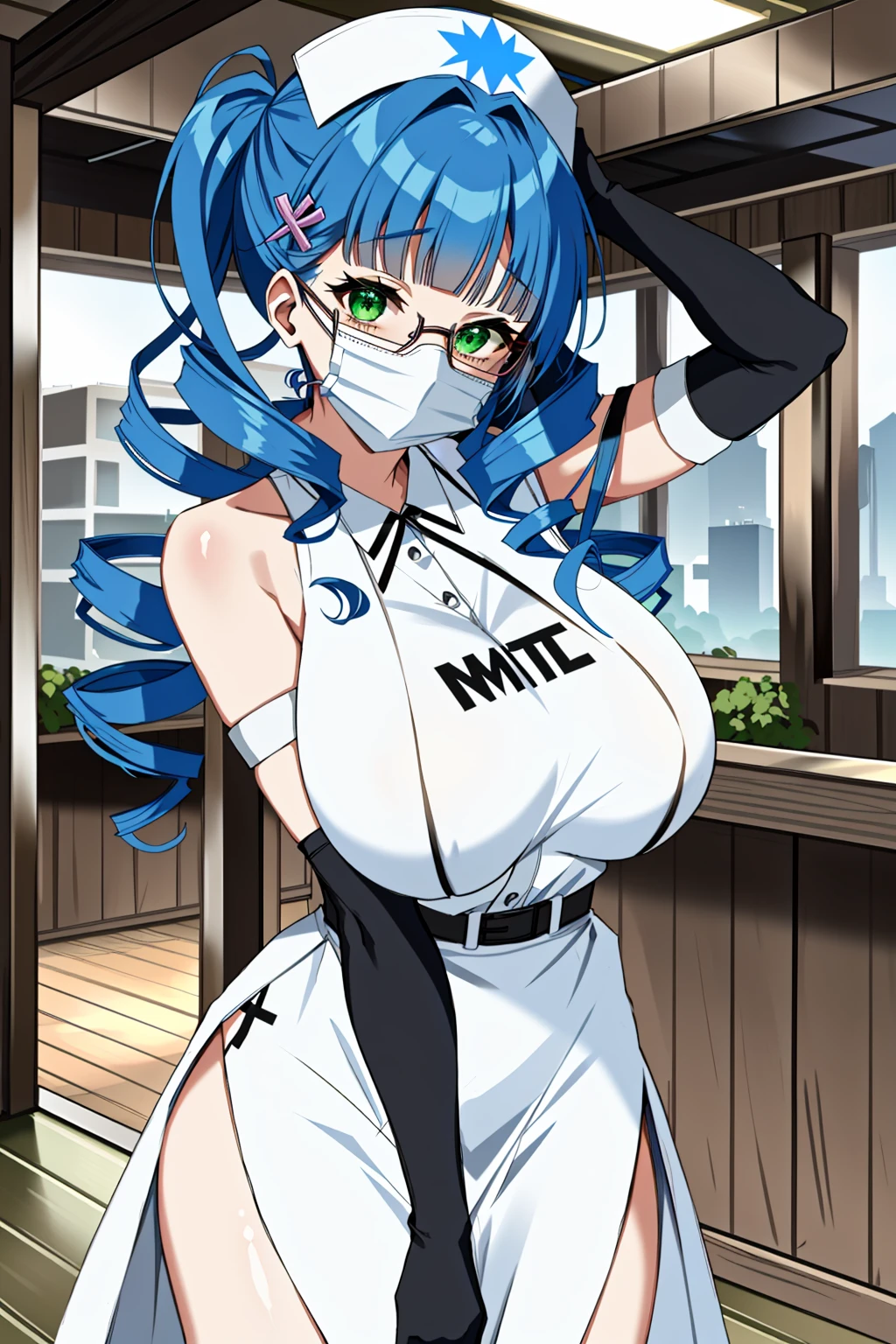 ((masterpiece, best quality, high quality)),1girl, <lora:Natalie Griffin:0.7> (natalie griffin, oc ch8, 1girl, long hair, hair ornament, green eyes, glasses, blunt bangs, drill hair, twin drills, drill_curls, drill locks, mature_female, hairclip, dark blue hair), <lora:Classic nurse V2:0.6> (nurse_uniform_big, mask, nurse cap, mouth mask, nurse, surgical mask, elbow gloves),