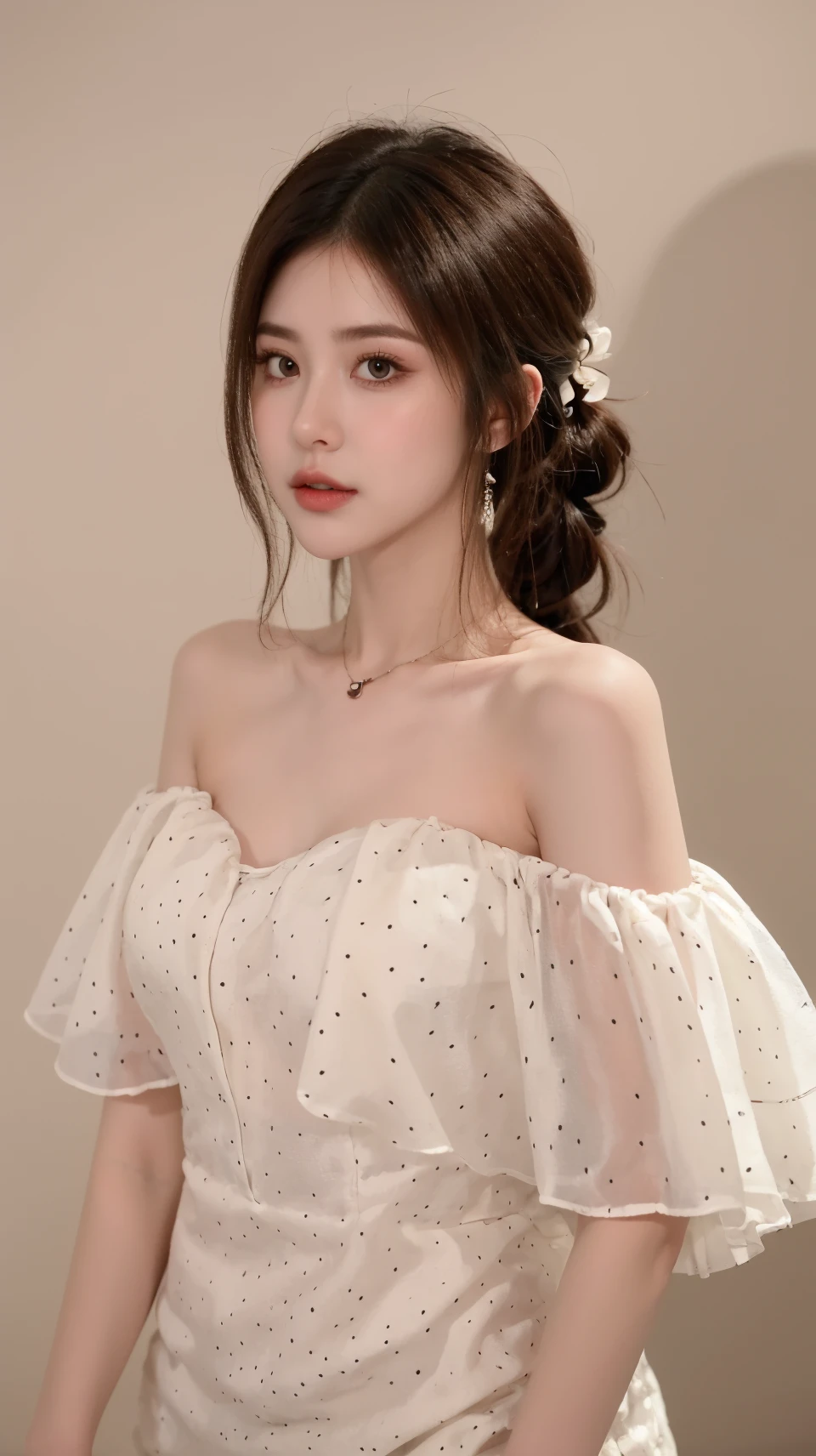 best quality,HDR,UHD,8K,Vivid Colors,solo,photo_,(1girl:1.3),(standing:1.3),(looking at viewer:1.4),Elegant,detailed gorgeous face,(simple background:1.3),(upper body:1.4),<lora:rc93:0.75>, rc,bare shoulders,dress,