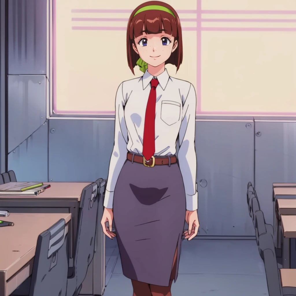 <lora:Naoko001:0.7>,looking at viewer,smile,
Naoko,1girl,bob cut,freckles,solo,
green hairband,
green hairband,
white collared shirt,red tie,
belt,pencil skirt,
pantyhose,
full body,