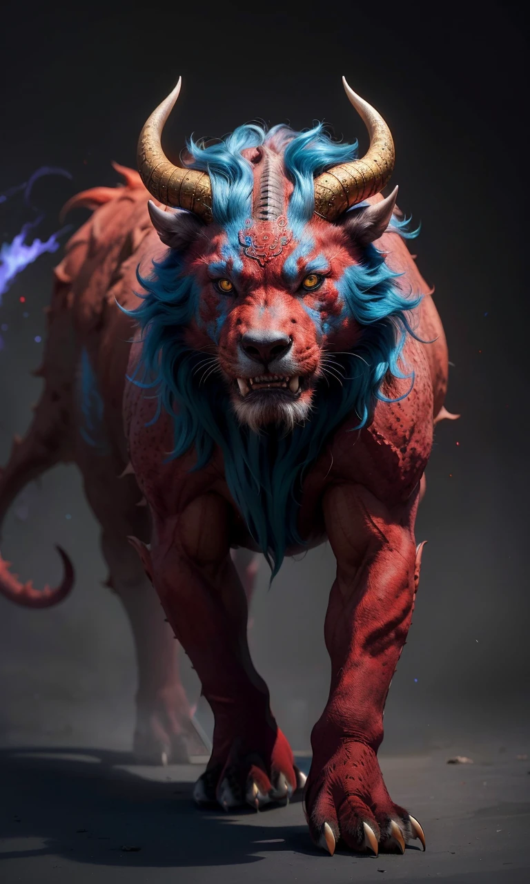 Nian2024, monster, new york, trending on arstation, 4 legs, horns, vibrant colors, Chinese mythology, ferocious,