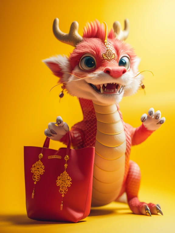 master piece, high quality, a cute Chinese dragon, grab a red bag of jewellery, yellow background,J_dragon